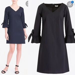 J.Crew V-Neck 3/4 Sleeve woven Ruffle Tie Bell Sleeve Mini LBD Black Shift Dress
